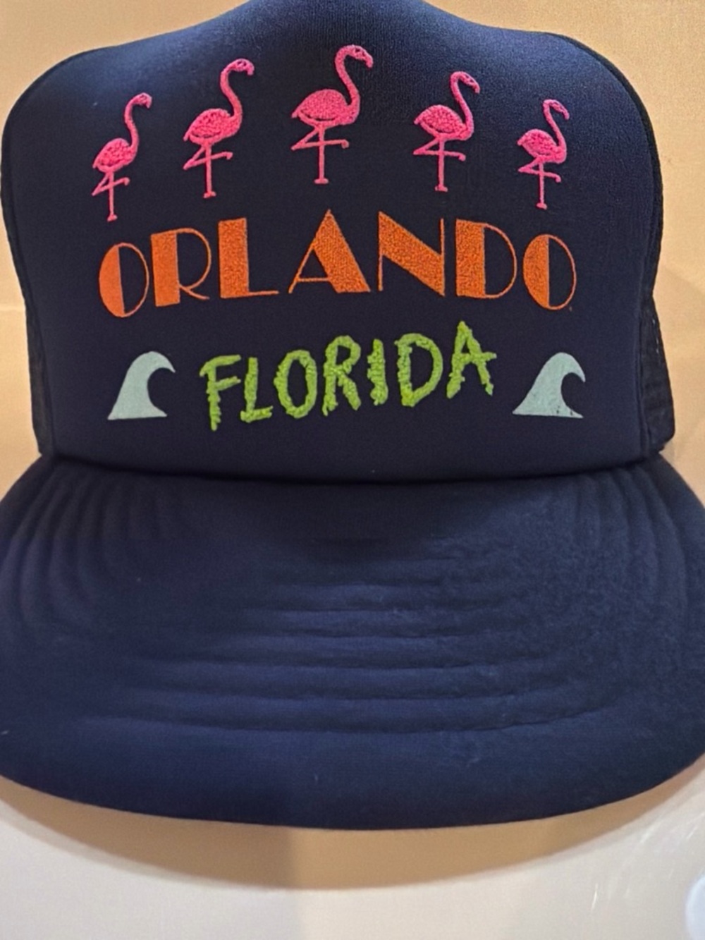 Orlando Florida Kids Trucker Hat - Navy with Pink Flamingos